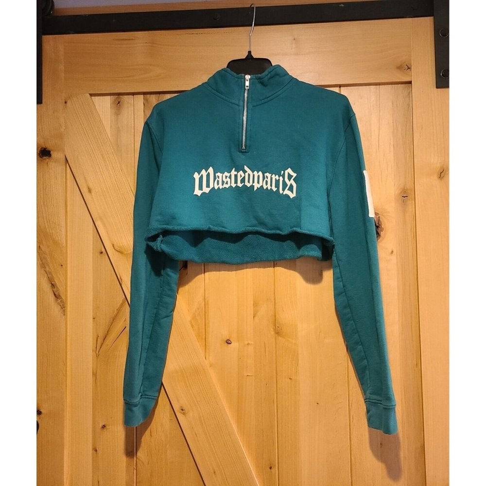 Wasted Paris Size M Cropped 1/4 Zip Green Sweatshirt